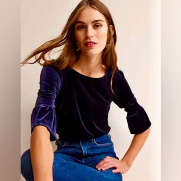 BODEN Velvet Ruffle-Cuff Top in Navy 8 NWT - Picture 1 of 13